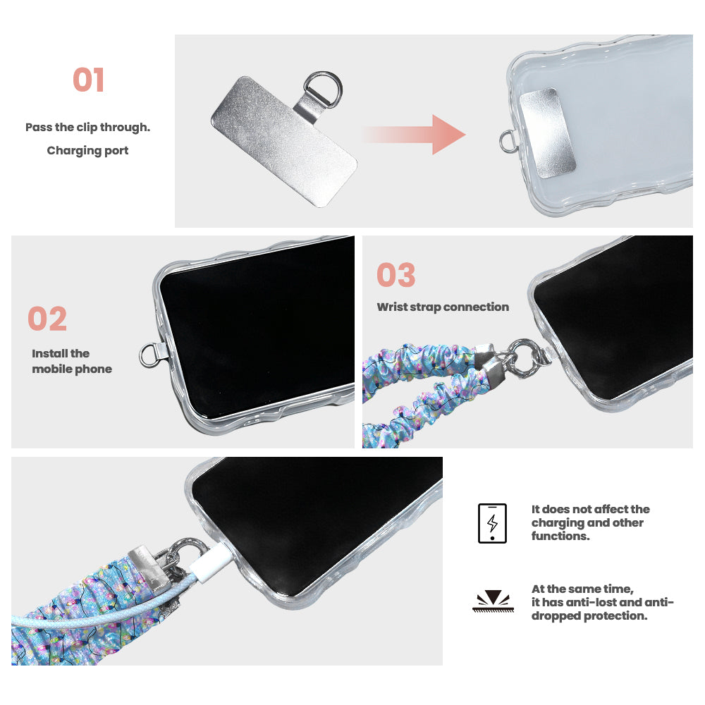3 steps to attach a Twinkle All The Way scrunchie phone wrist strap: pass the tab through the charging port, fit the case, clip on the wrist strap
