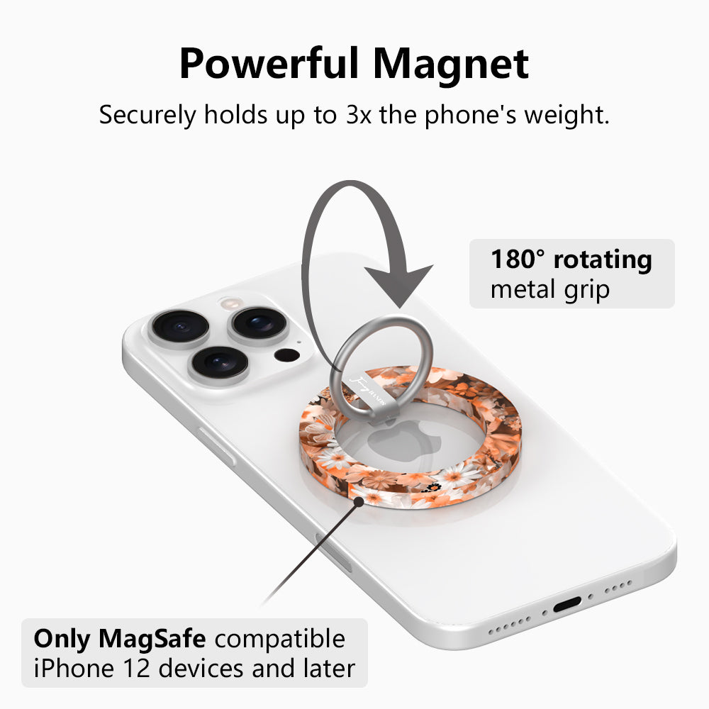 Fall Blooms Hold It Fancy MagSafe grip ring with a warm autumn floral print in orange and cream from Fancy Bands