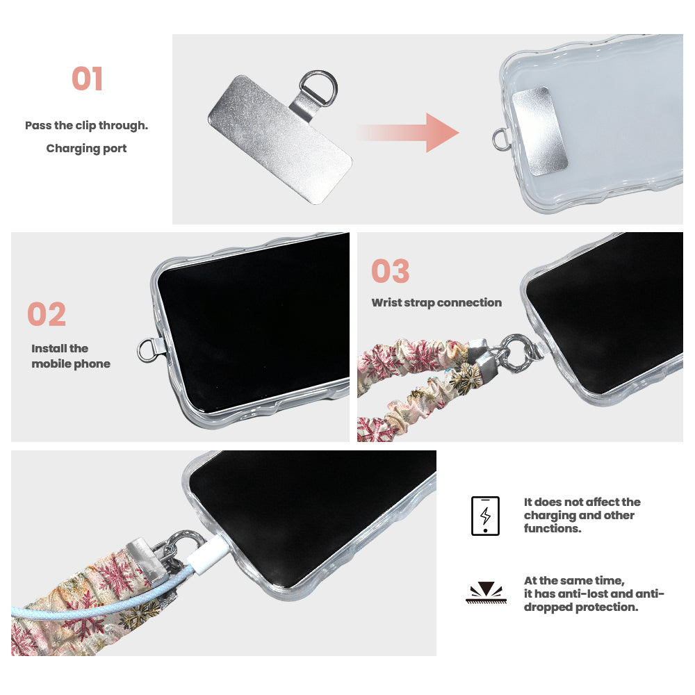 3 steps to attach a scrunchie phone wrist strap: pass the tab through the charging port, fit the case, clip on the wrist strap