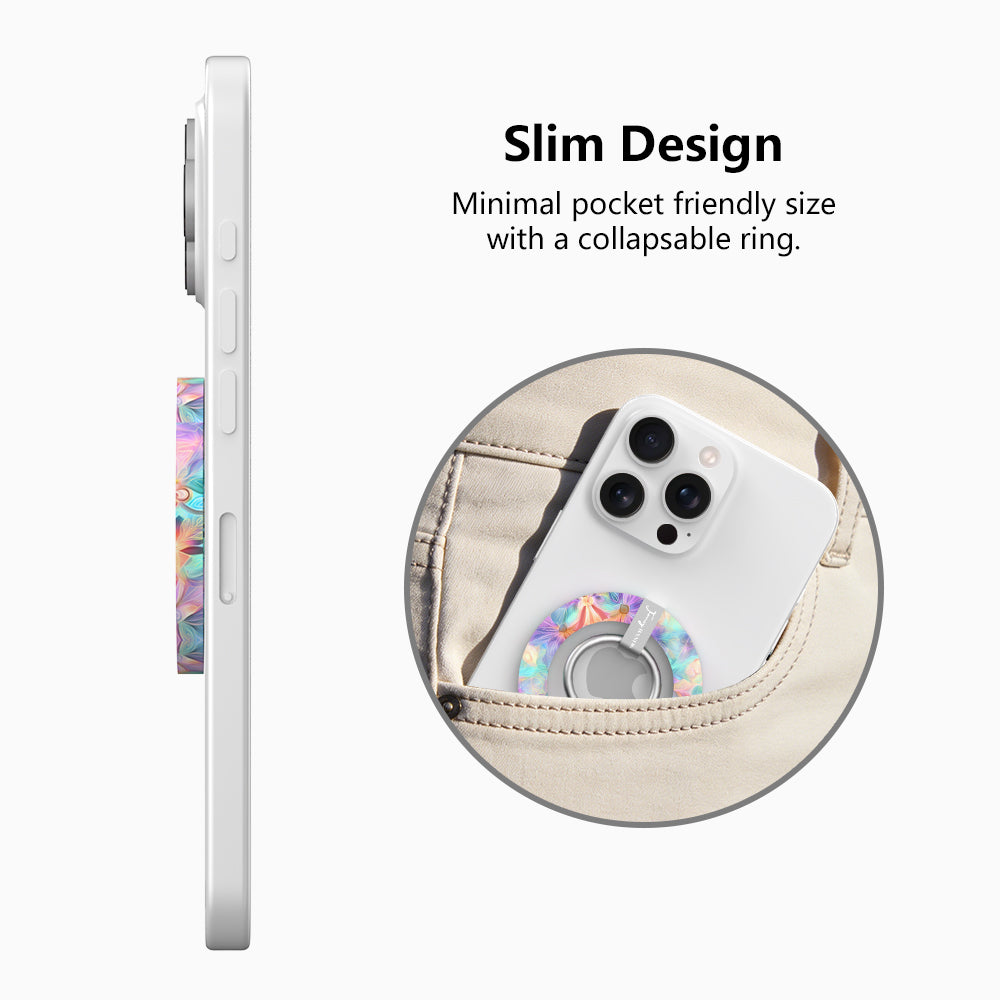 Pastel Paradise iridescent floral MagSafe phone grip ring with glowing lavender blue and coral petals compatible with iPhone and Samsung