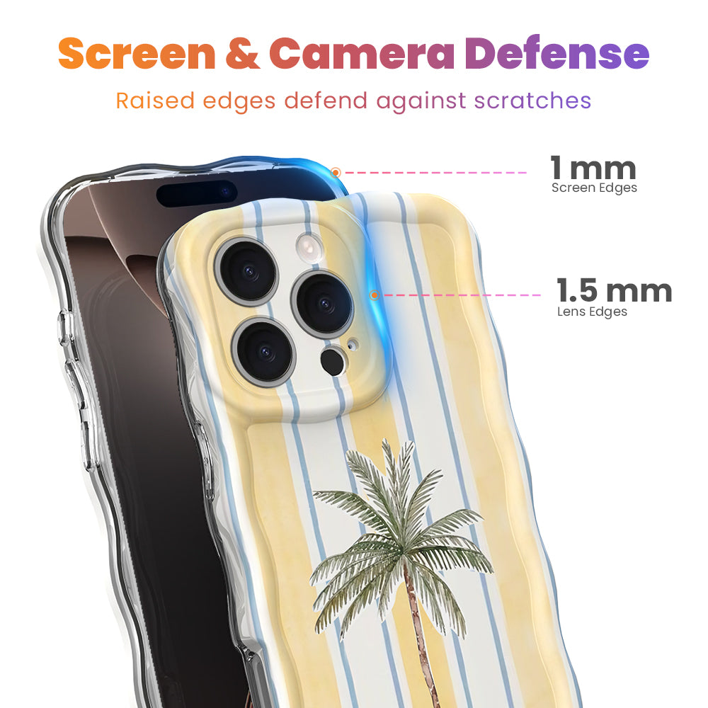 Trendy wavy iPhone case featuring a central palm tree on a soft yellow and sky-blue vertical striped background with a high-gloss finish.