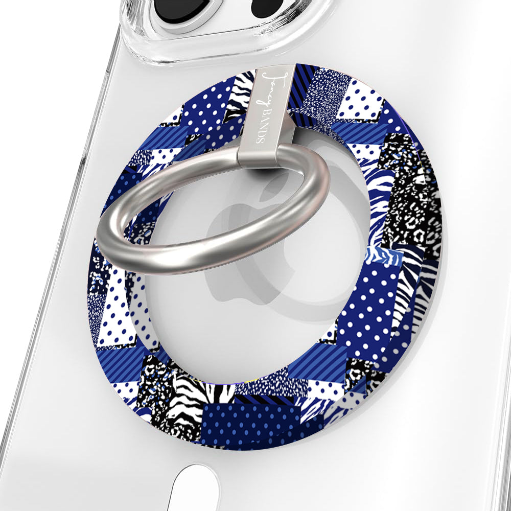 Sending Mixed Signals Hold It Fancy MagSafe grip ring with a blue and white mixed-pattern patchwork design from Fancy Bands