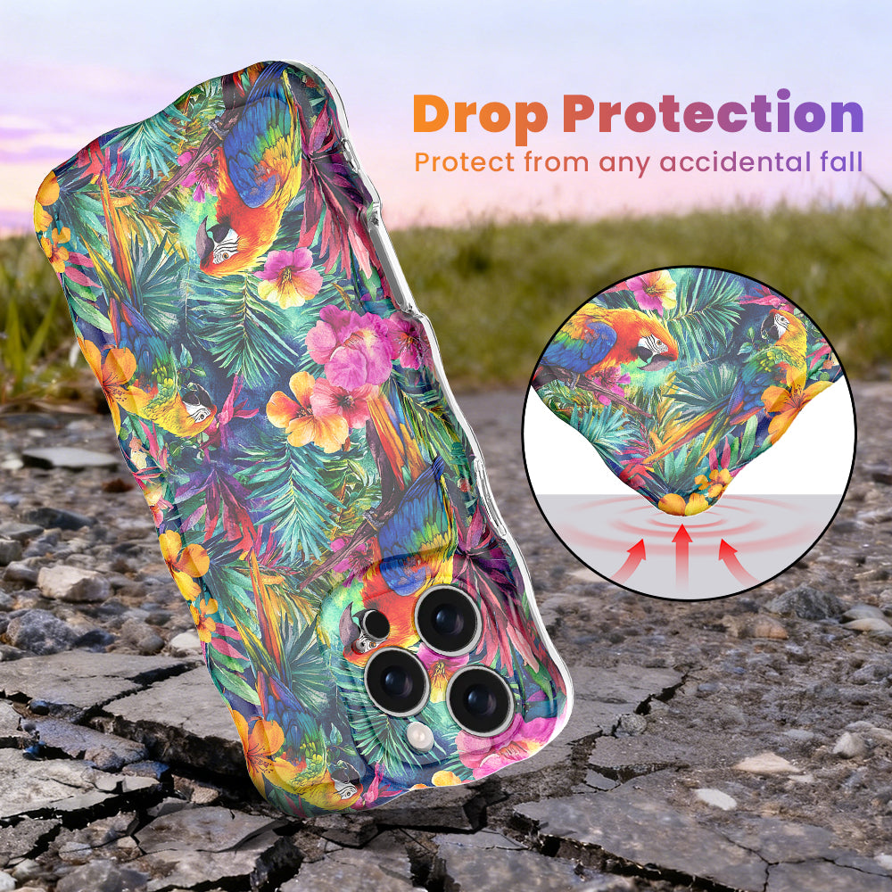 Trendy wavy iPhone case featuring a vibrant tropical pattern of red macaws, pink hibiscus, and green palm leaves with a high-gloss finish.