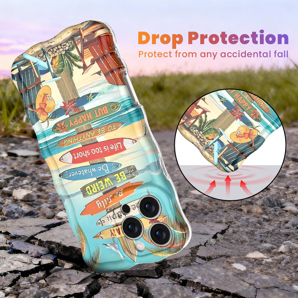 Trendy wavy iPhone case featuring a beach scene with colorful surfboard signs and a "Life is too short to be happy" quote with a high-gloss finish.
