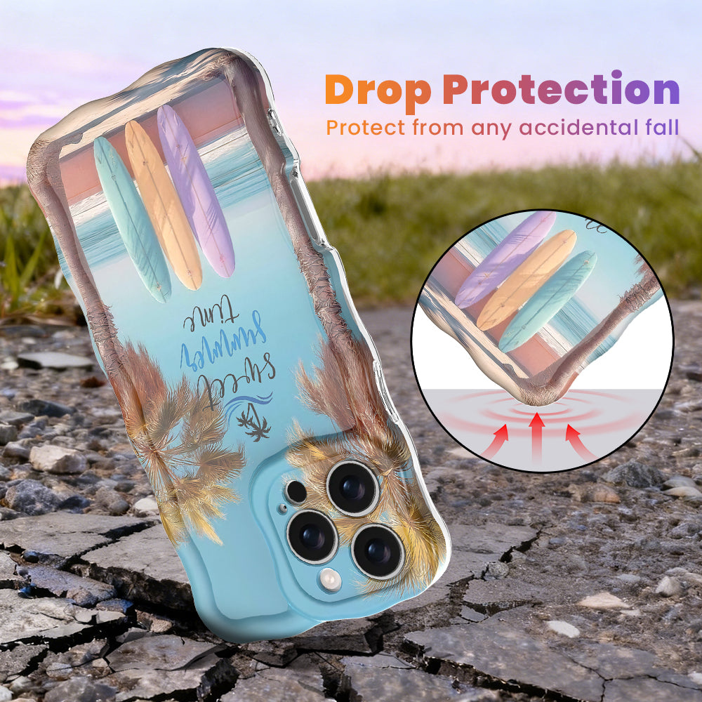 Trendy wavy iPhone case featuring a beach scene with palm trees, surfboards, and "sweet summer time" text with a high-gloss finish.