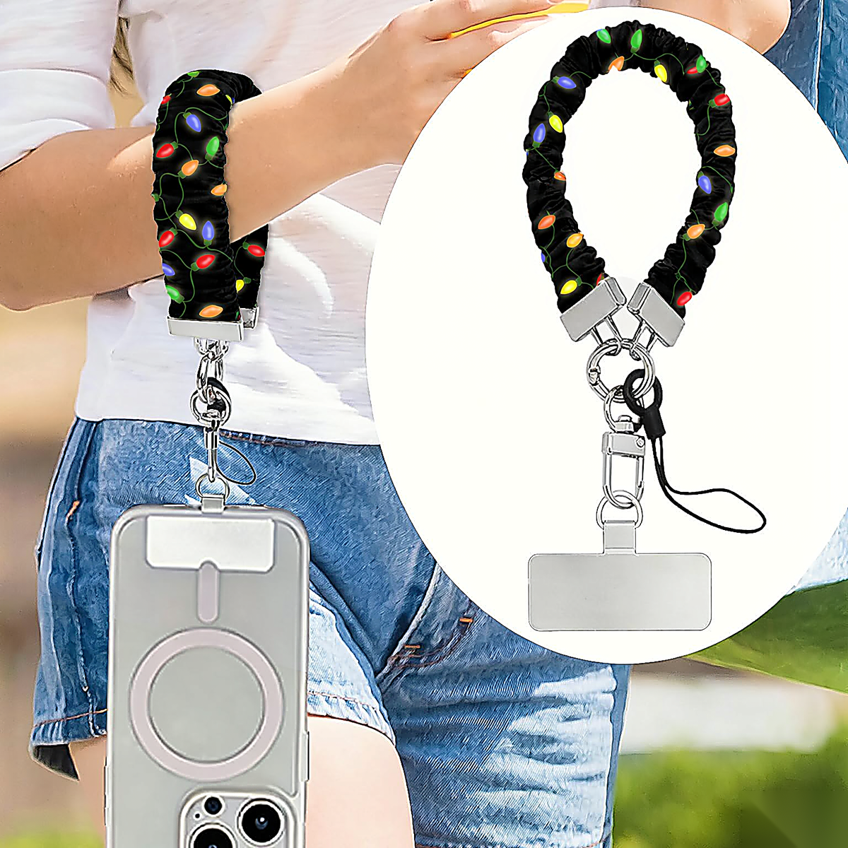 Christmas Lights scrunchie wrist strap worn on the wrist with an iPhone hanging from it, plus close-up of the strap and phone tab