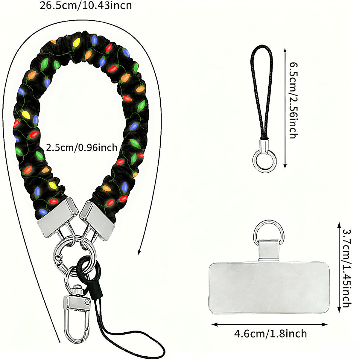 Christmas Lights scrunchie phone wrist strap dimensions: 26.5 cm strap, 2.5 cm wide, 6.5 cm loop, 4.6 x 3.7 cm phone tab