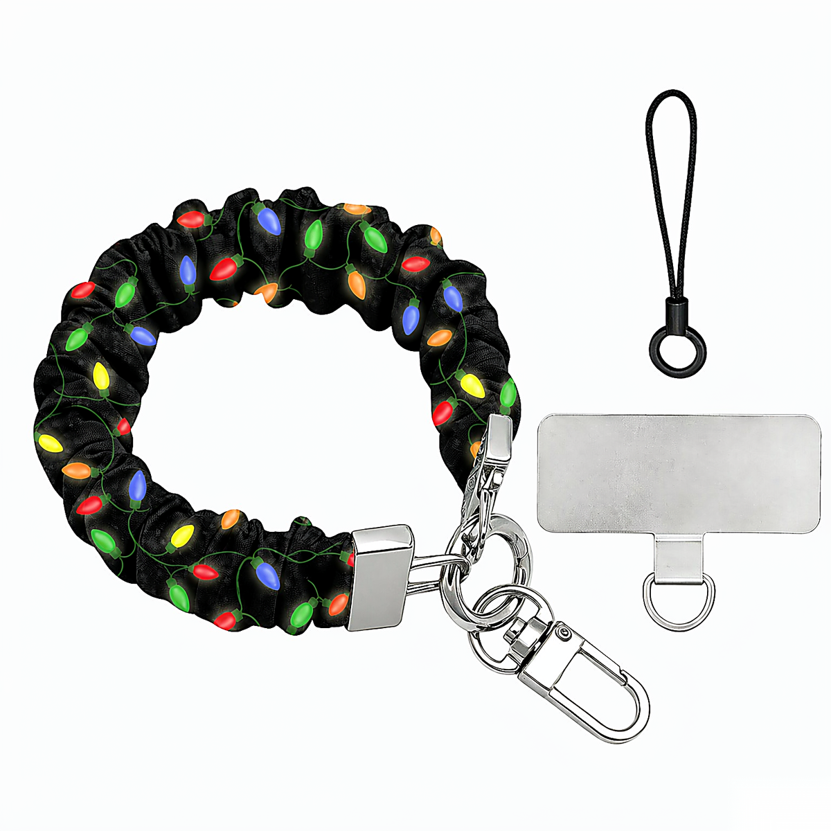Christmas Lights scrunchie phone wrist strap laid flat, colorful bulbs on black, with silver clasp, lanyard loop and phone tab