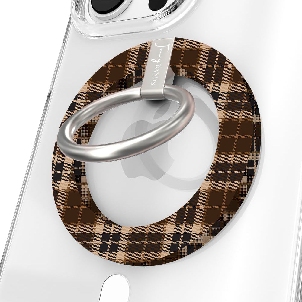 Toffee Tartan Hold It Fancy MagSafe grip ring with a brown, tan and cream tartan plaid print from Fancy Bands