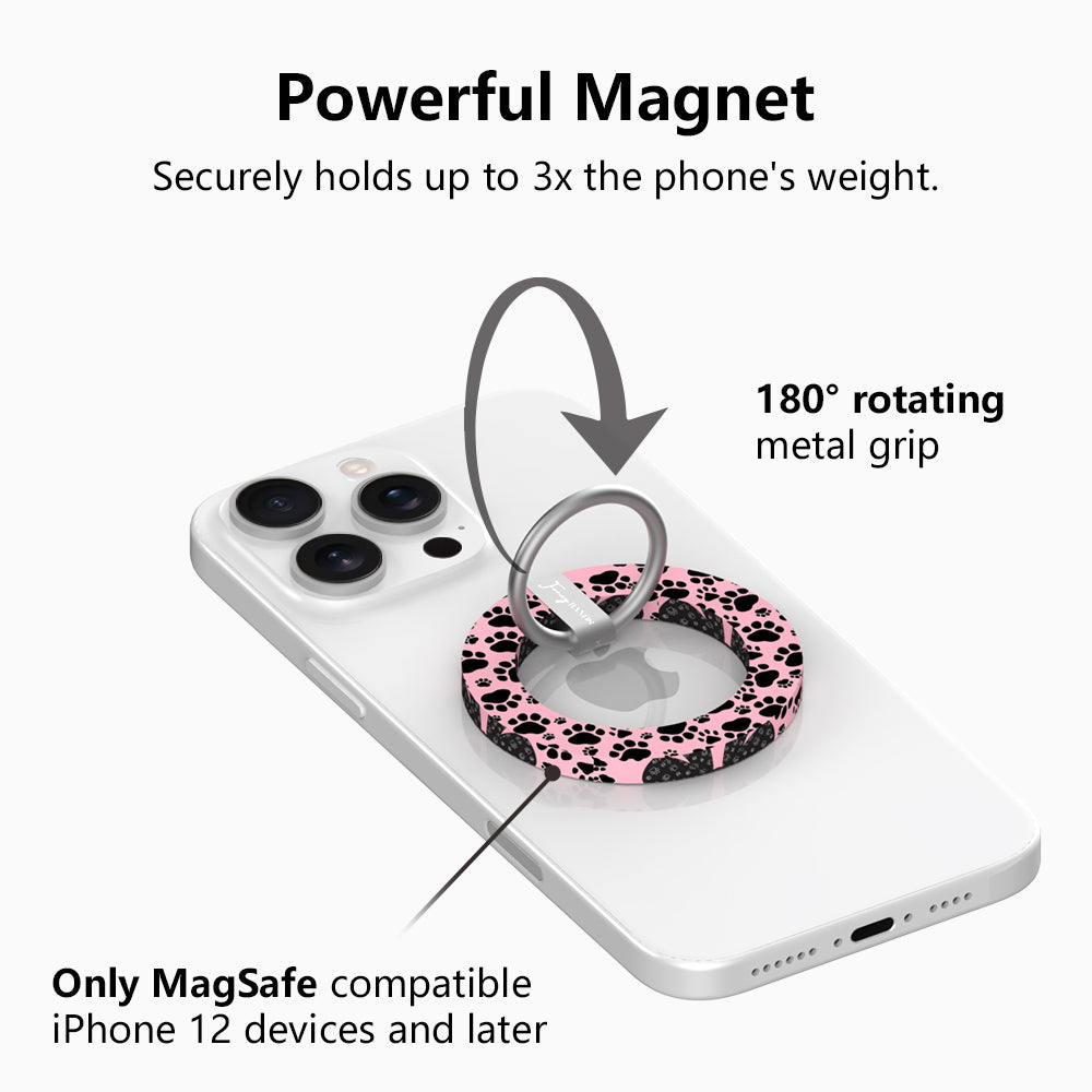 Pretty Little Paws pattern MagSafe phone grip ring with black paw prints on a pink background compatible with iPhone and Samsung