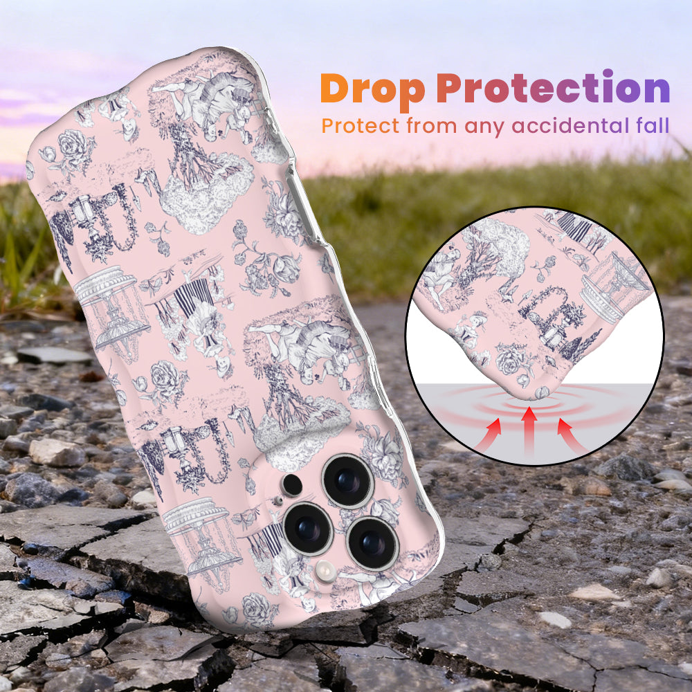 French Affair Wavy Luxe MagSafe iPhone case with a pink and navy toile de Jouy print design from Fancy Bands