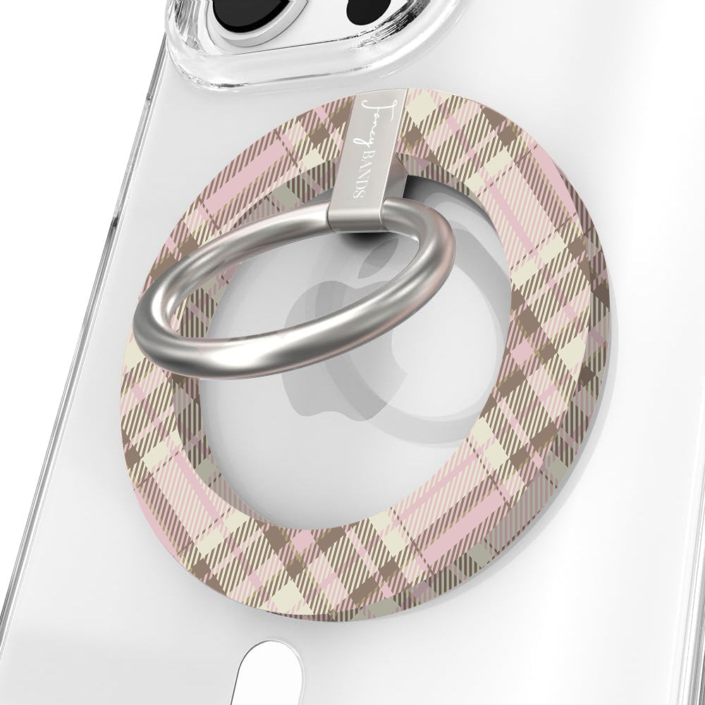 Pink Cashmere Plaid Hold It Fancy MagSafe grip ring with a soft pink, cream and taupe tartan plaid print from Fancy Bands
