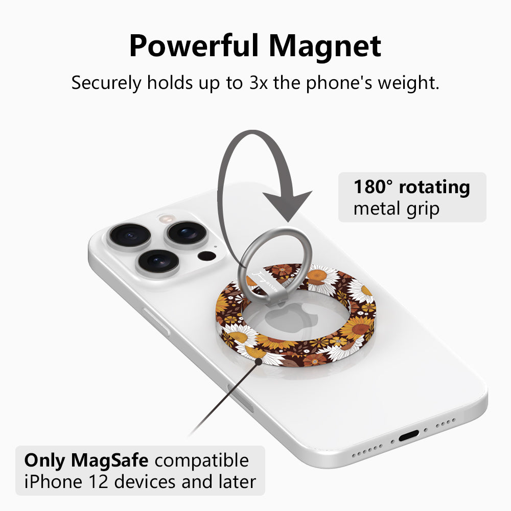 Powerful magnet diagram for the Harvest Sunflowers MagSafe grip ring, showing the 180 degree rotating metal grip that holds up to three times the phone's weight on MagSafe iPhone 12 and later.