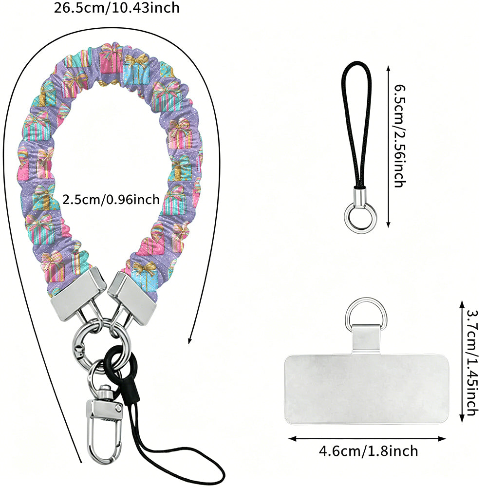 No Peeking, Darling scrunchie wrist strap dimensions: 26.5 cm strap, 2.5 cm wide, 6.5 cm loop, 4.6 x 3.7 cm phone tab