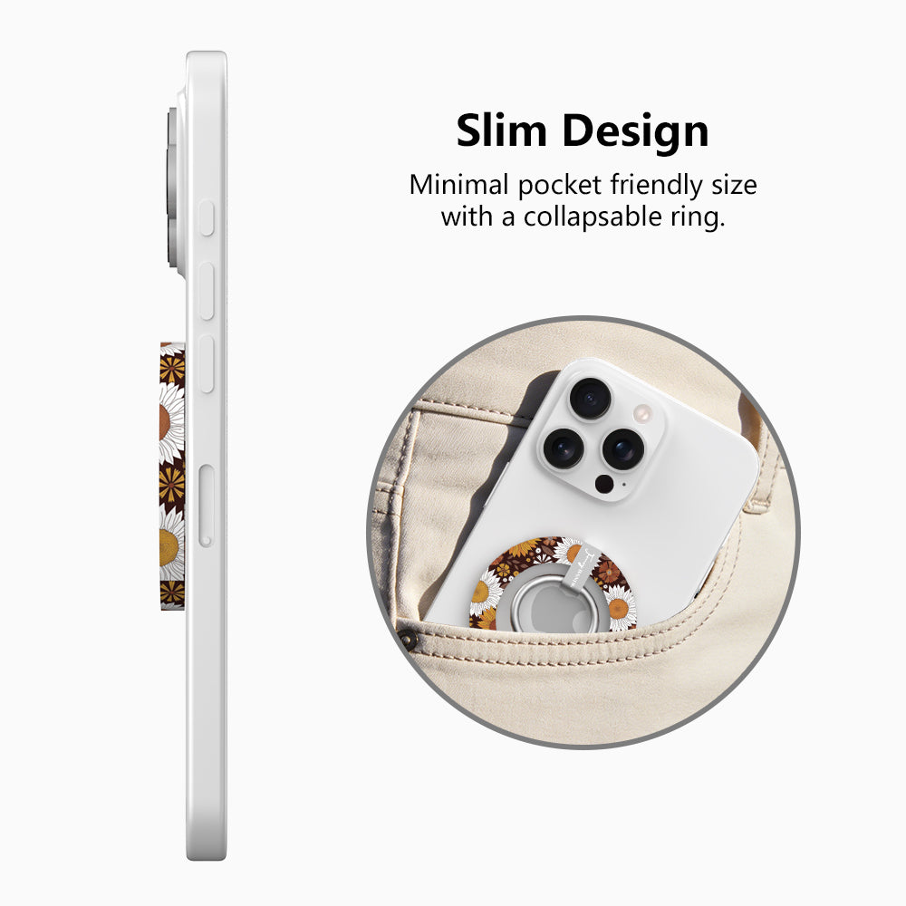 Slim design diagram for the Harvest Sunflowers MagSafe grip ring, showing the low-profile collapsible ring sliding easily into a pocket.