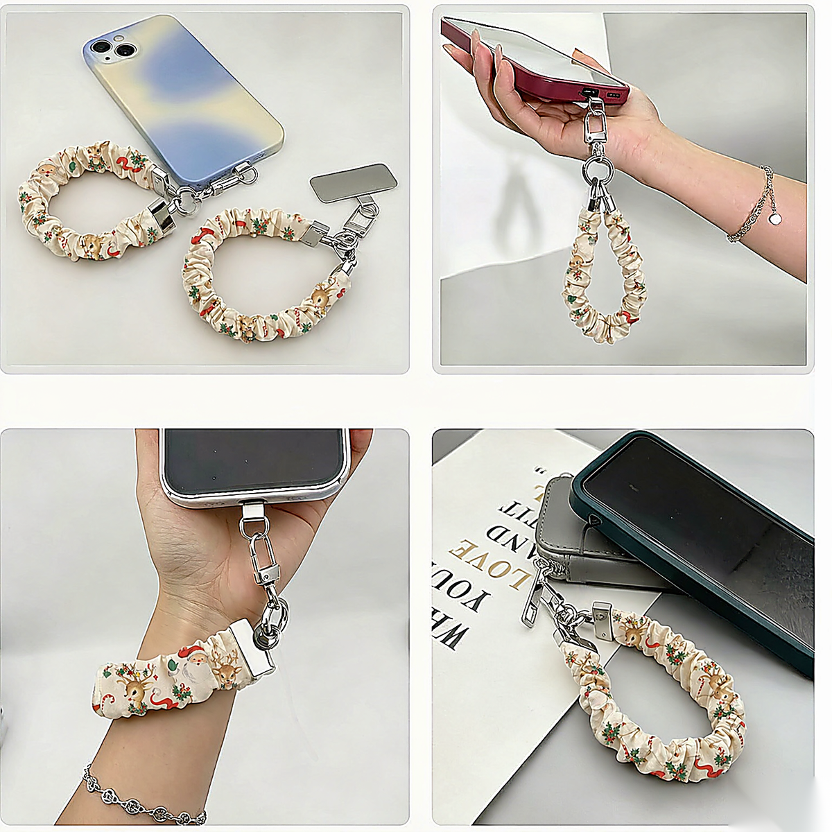Four ways to use the Vintage Christmas scrunchie phone wrist strap: with its phone tab, dangling from a phone, worn on the wrist and clipped to a bag