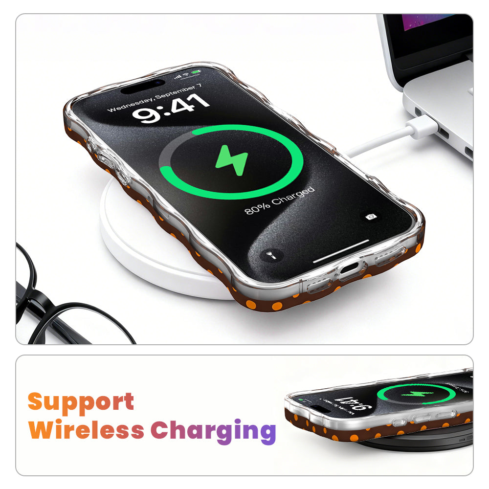 Wireless charging diagram showing the Spotted Looking Cute Wavy Luxe iPhone case charging on a MagSafe pad with the case still on.
