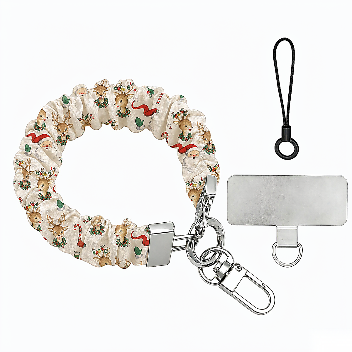 Vintage Christmas scrunchie phone wrist strap laid flat, Santas and reindeer on cream, with silver clasp, lanyard loop and phone tab