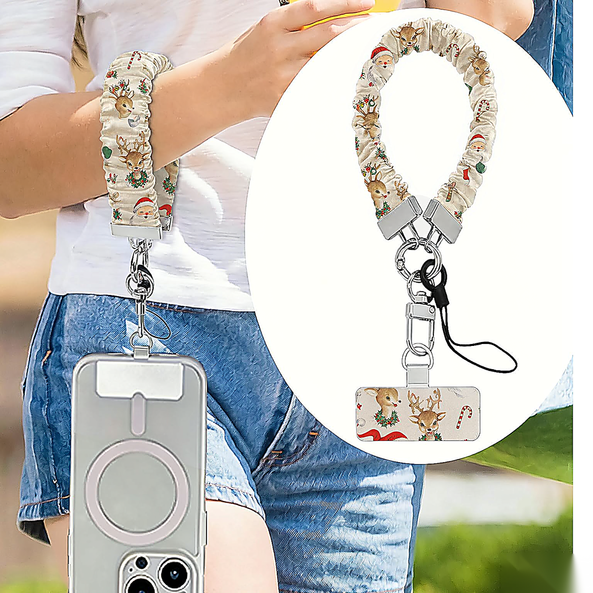 Vintage Christmas scrunchie wrist strap worn on the wrist with an iPhone hanging from it, plus close-up of the strap and phone tab