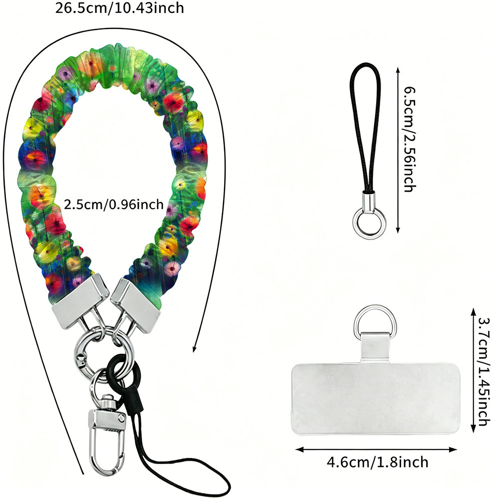 Petal Princess scrunchie phone wrist strap size guide - 26.5cm loop, 2.5cm strap width, 6.5cm drop cord and 4.6cm phone attachment tab