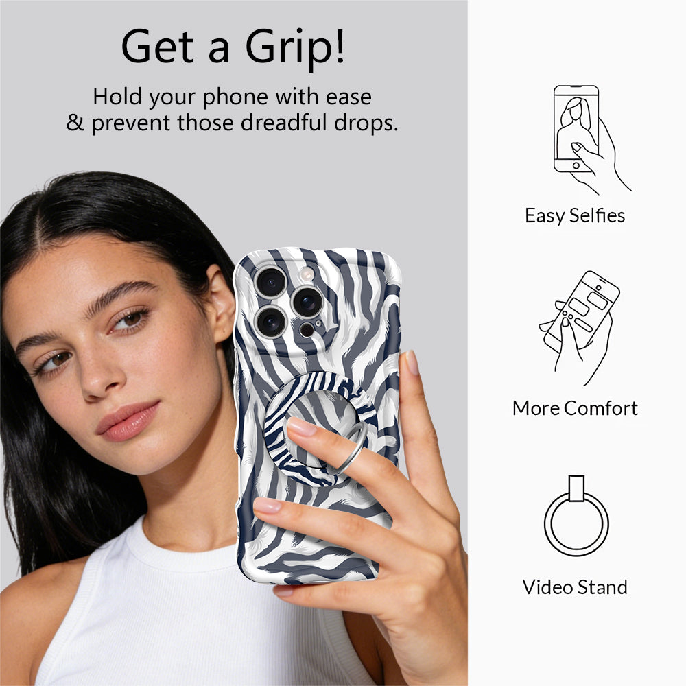 Woman holding her iPhone using the navy and white zebra print MagSafe grip ring, with icons showing easy selfies, more comfort and use as a video stand.