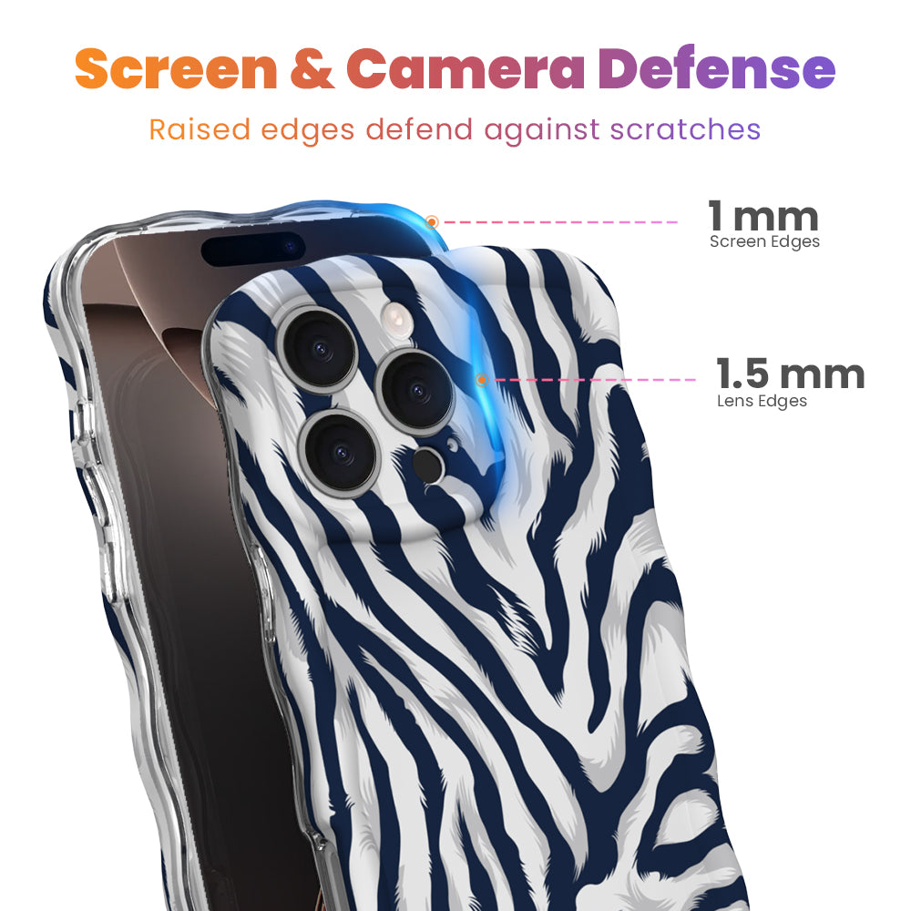 Close-up of the navy and white zebra print Wavy Luxe iPhone case showing 1mm raised screen edges and 1.5mm raised camera lens edges that defend against scratches.