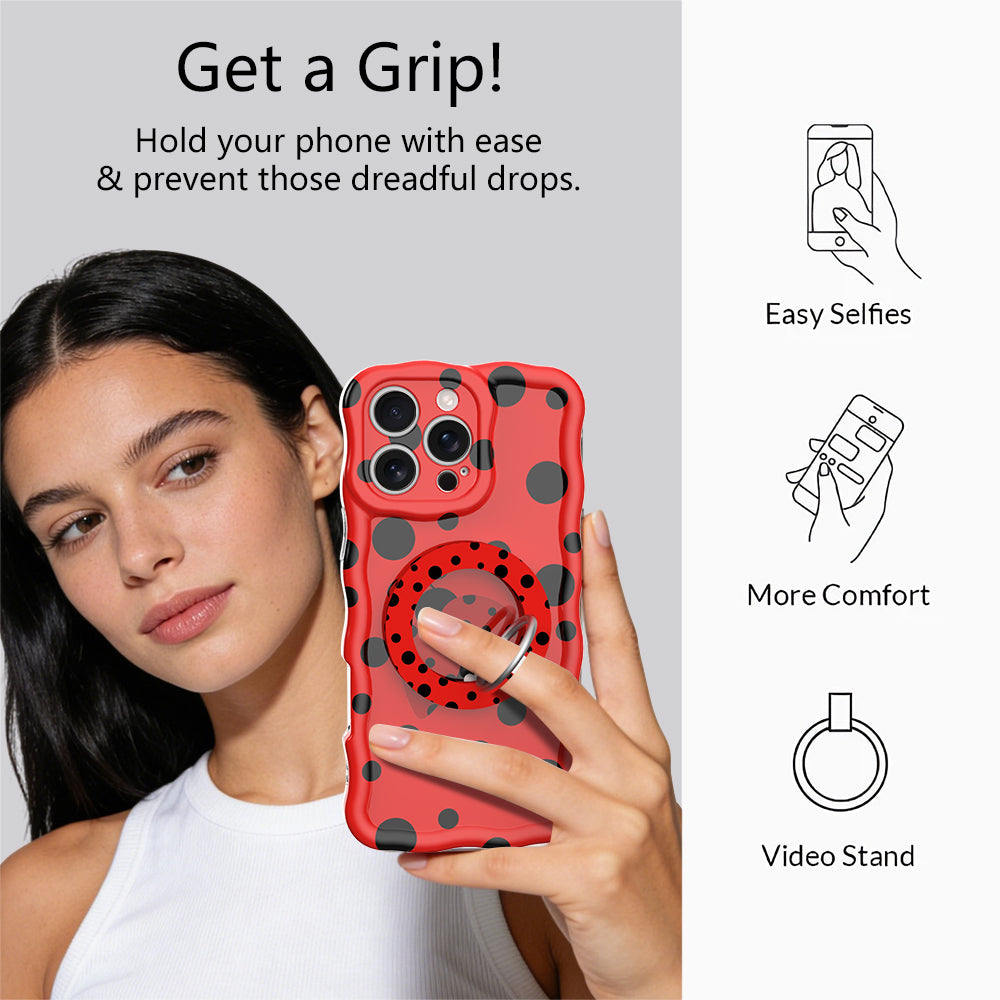Ladybug pattern MagSafe phone grip ring with black polka dots on a vibrant red background compatible with iPhone and Samsung