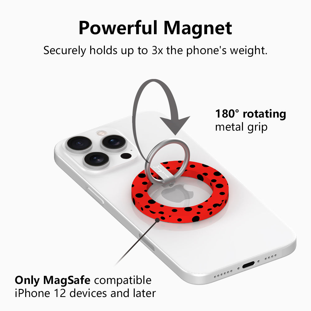 Ladybug pattern MagSafe phone grip ring with black polka dots on a vibrant red background compatible with iPhone and Samsung