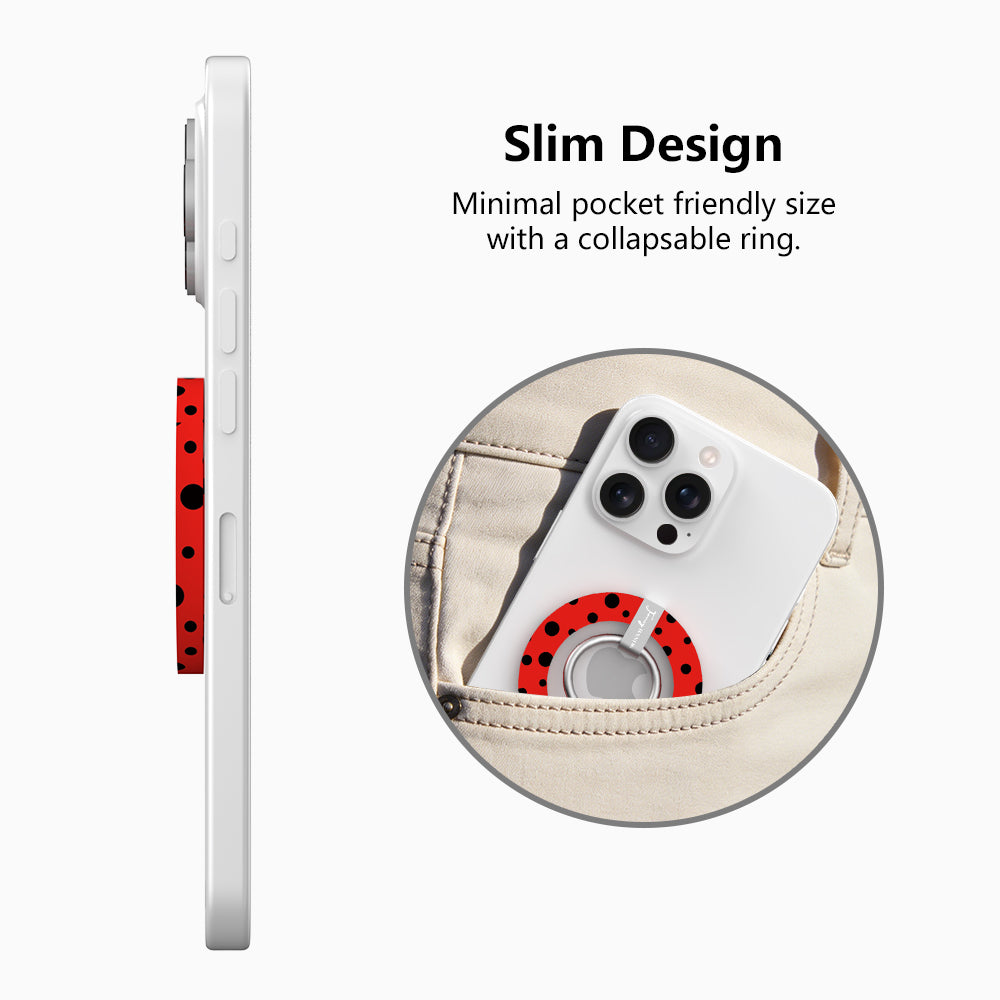 Ladybug pattern MagSafe phone grip ring with black polka dots on a vibrant red background compatible with iPhone and Samsung