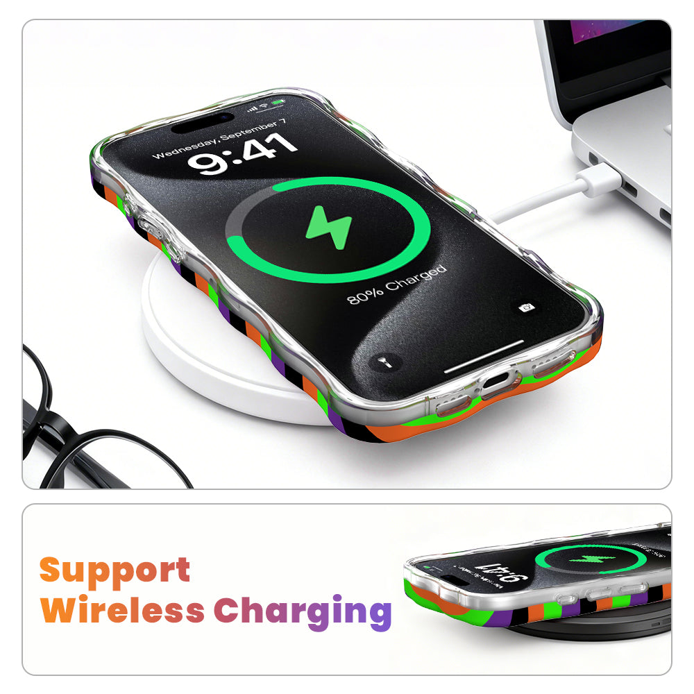 Wireless charging diagram showing an iPhone in the striped Main Witch Energy Wavy Luxe MagSafe case charging on a wireless charging pad.
