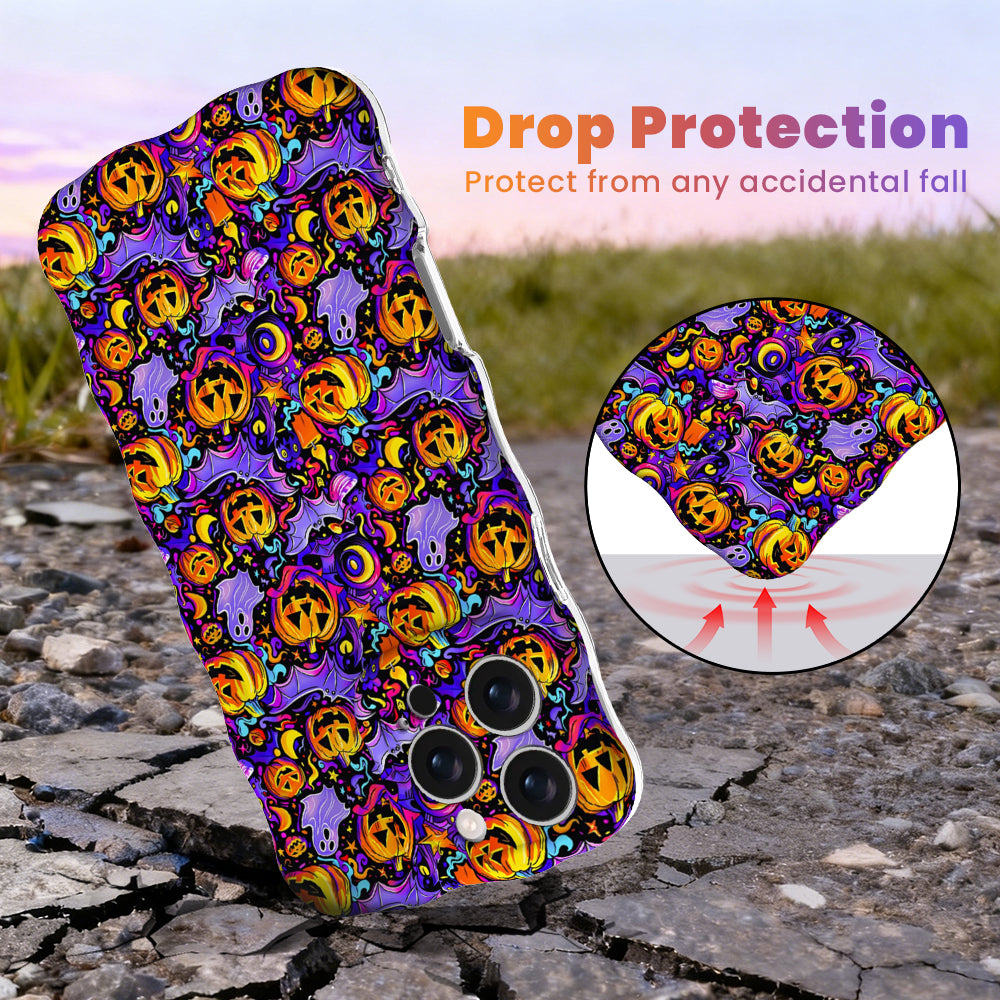 Drop protection diagram for the Jack-O-Lantern Jive Wavy Luxe MagSafe iPhone case, purple with neon pumpkins, showing the cushioned corner on pavement.
