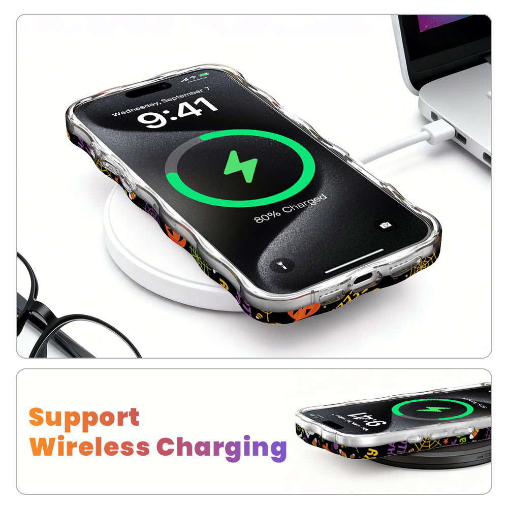Wireless charging diagram showing an iPhone in the Spooky Wavy Luxe MagSafe case charging on a wireless charging pad.