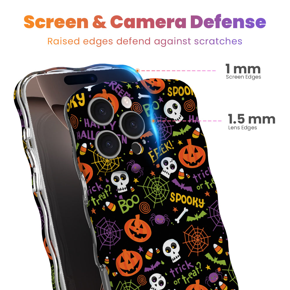 Screen and camera defense diagram for the Spooky MagSafe iPhone case showing 1 mm raised screen edges and 1.5 mm raised lens edges.