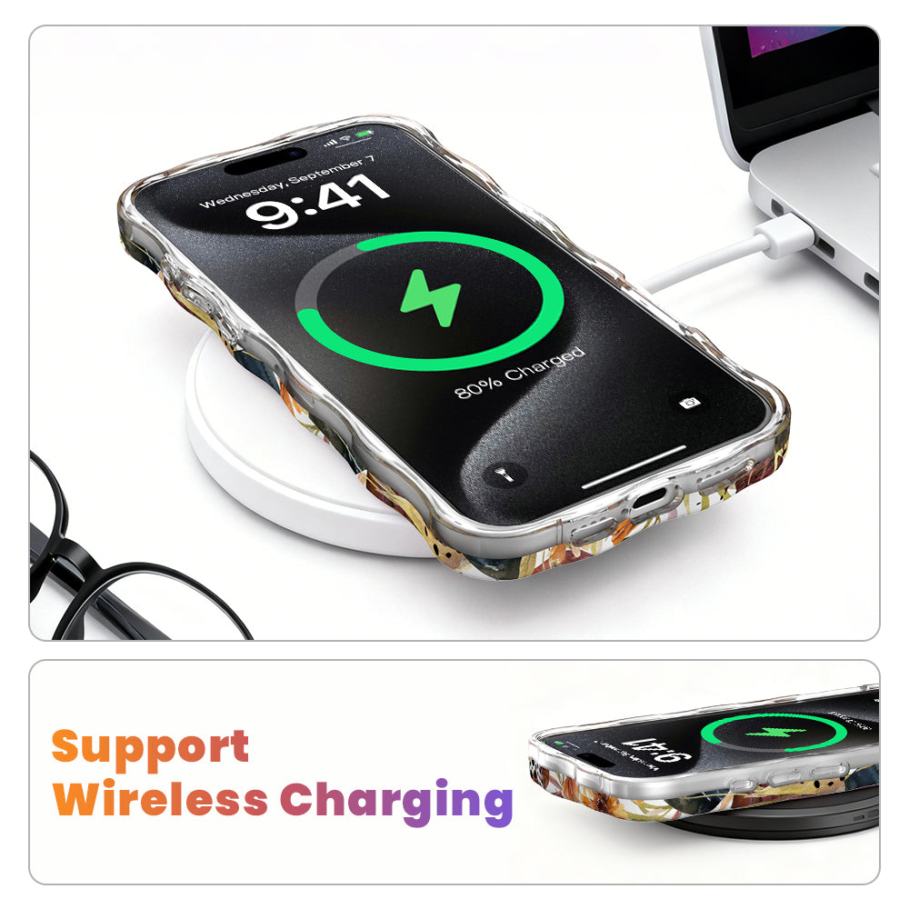 Wireless charging graphic showing an iPhone in the Sienna Petals rust floral MagSafe case charging on a wireless pad.