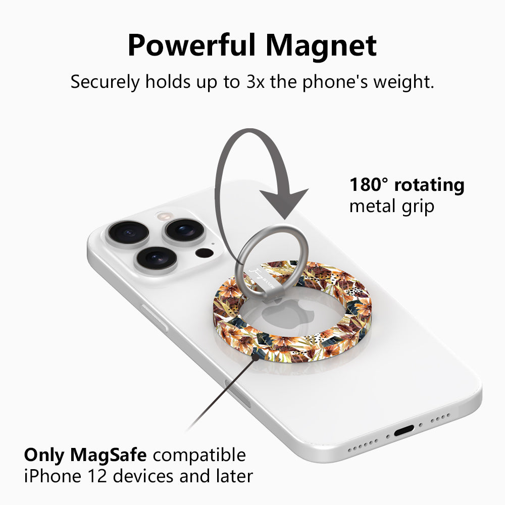 Powerful magnet graphic for the Sienna Petals MagSafe grip ring, showing the 180 degree rotating metal grip that holds up to three times the phone's weight.