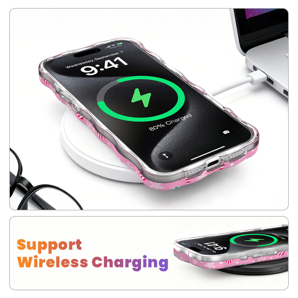 Peppermint Cutie MagSafe iPhone case on a wireless charging pad, showing wireless charging works through the case
