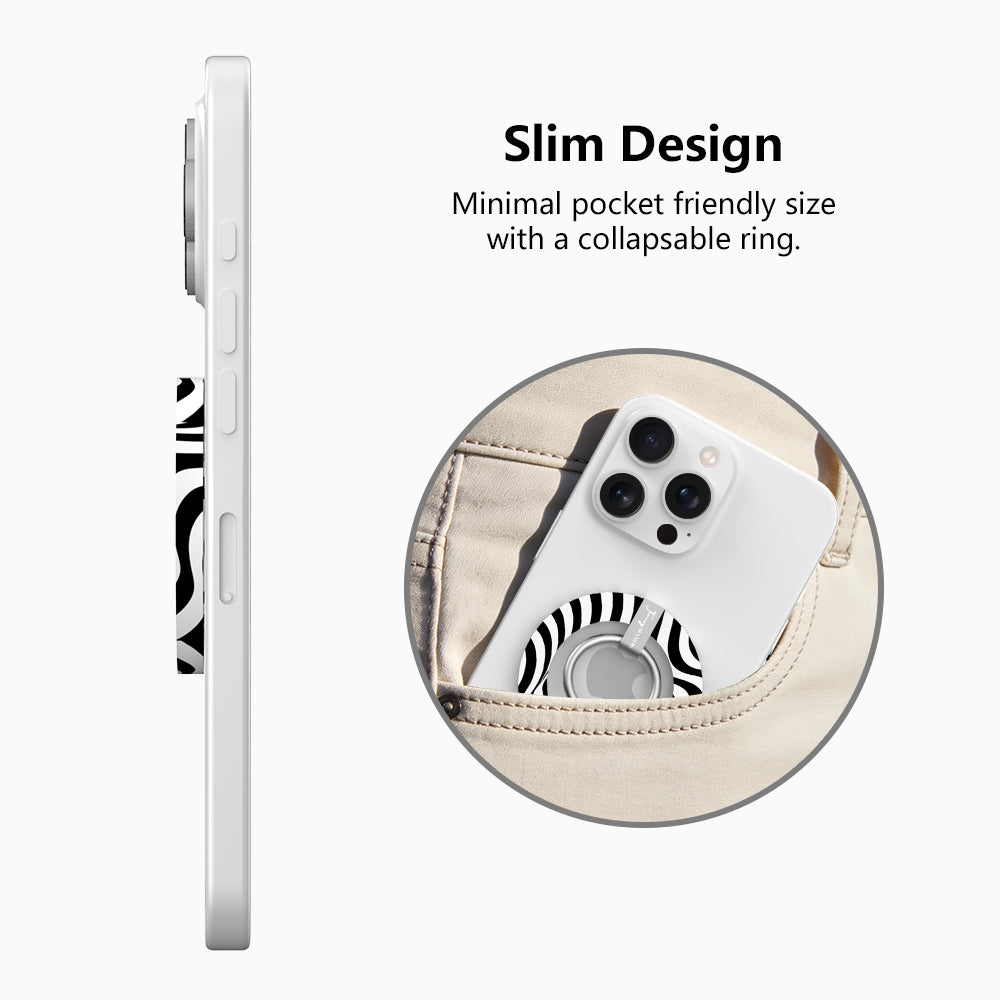 Fifth Ave. Flow monochromatic fluid wave pattern MagSafe phone grip ring with black and white swirling design compatible with iPhone and Samsung