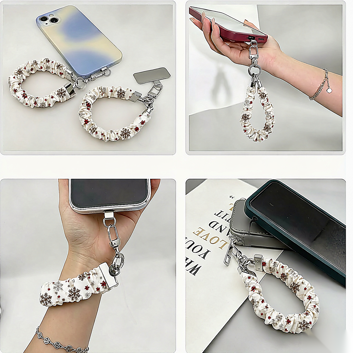Four ways to use the Deer Joy White scrunchie phone wrist strap: with its phone tab, dangling from a phone, worn on the wrist and clipped to a bag