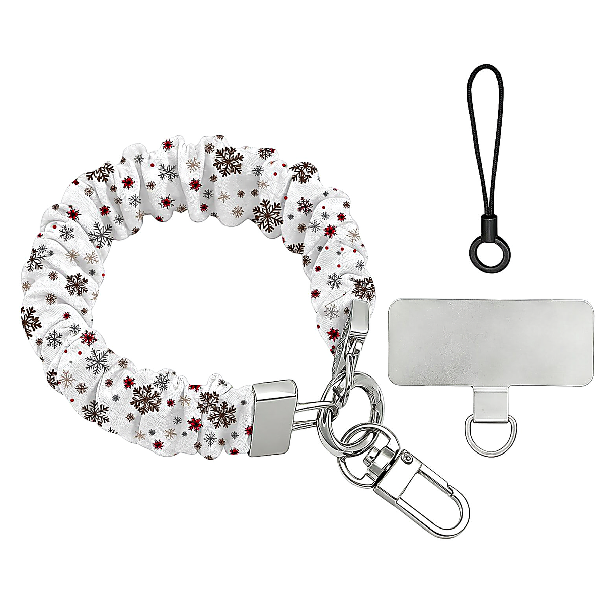 Deer Joy White scrunchie phone wrist strap laid flat, brown and red snowflakes on white, with silver clasp, lanyard loop and phone tab