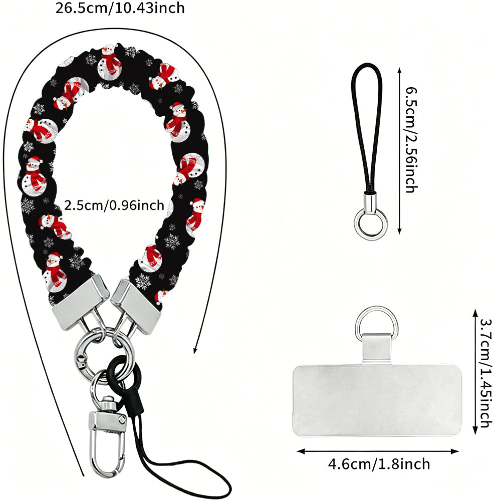 Snowman scrunchie wrist strap dimensions: 26.5 cm strap, 2.5 cm wide, 6.5 cm loop, 4.6 x 3.7 cm phone tab