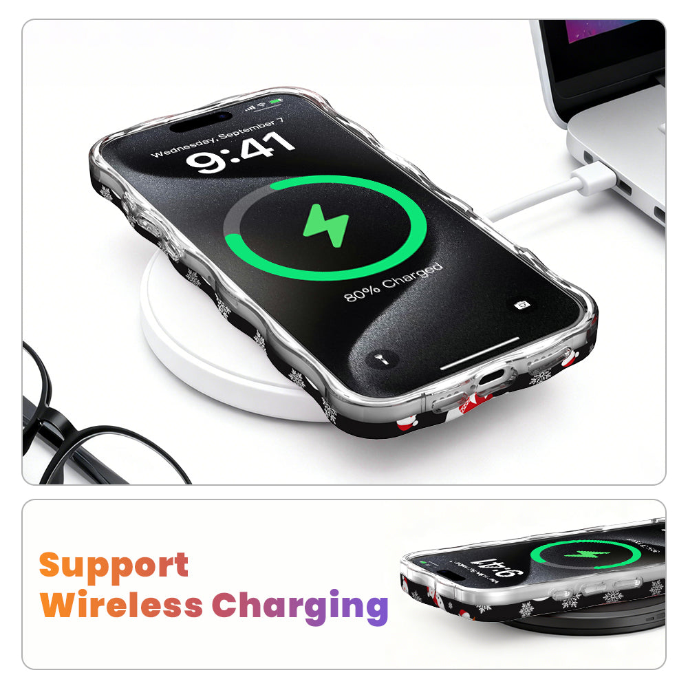 Snowman MagSafe iPhone case on a wireless charging pad, showing wireless charging works through the case