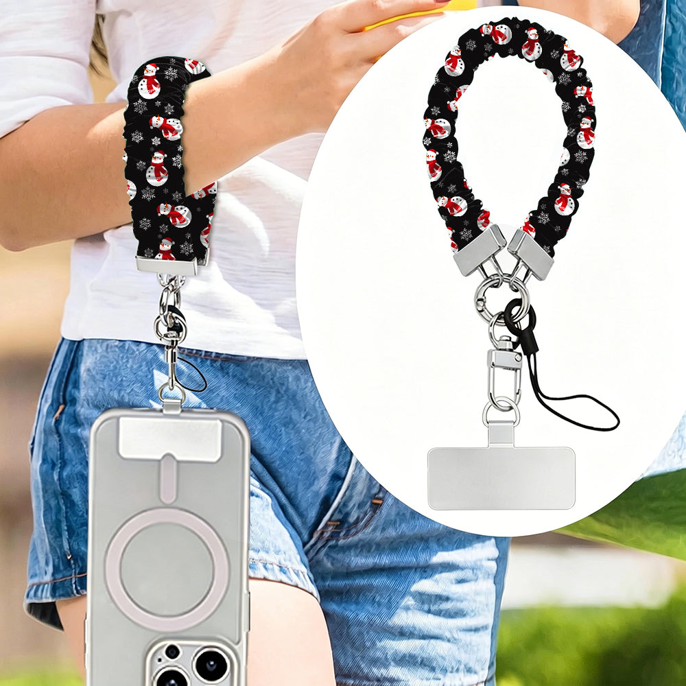 Snowman scrunchie phone strap worn on the wrist with an iPhone hanging from it, plus close-up of the strap and phone tab