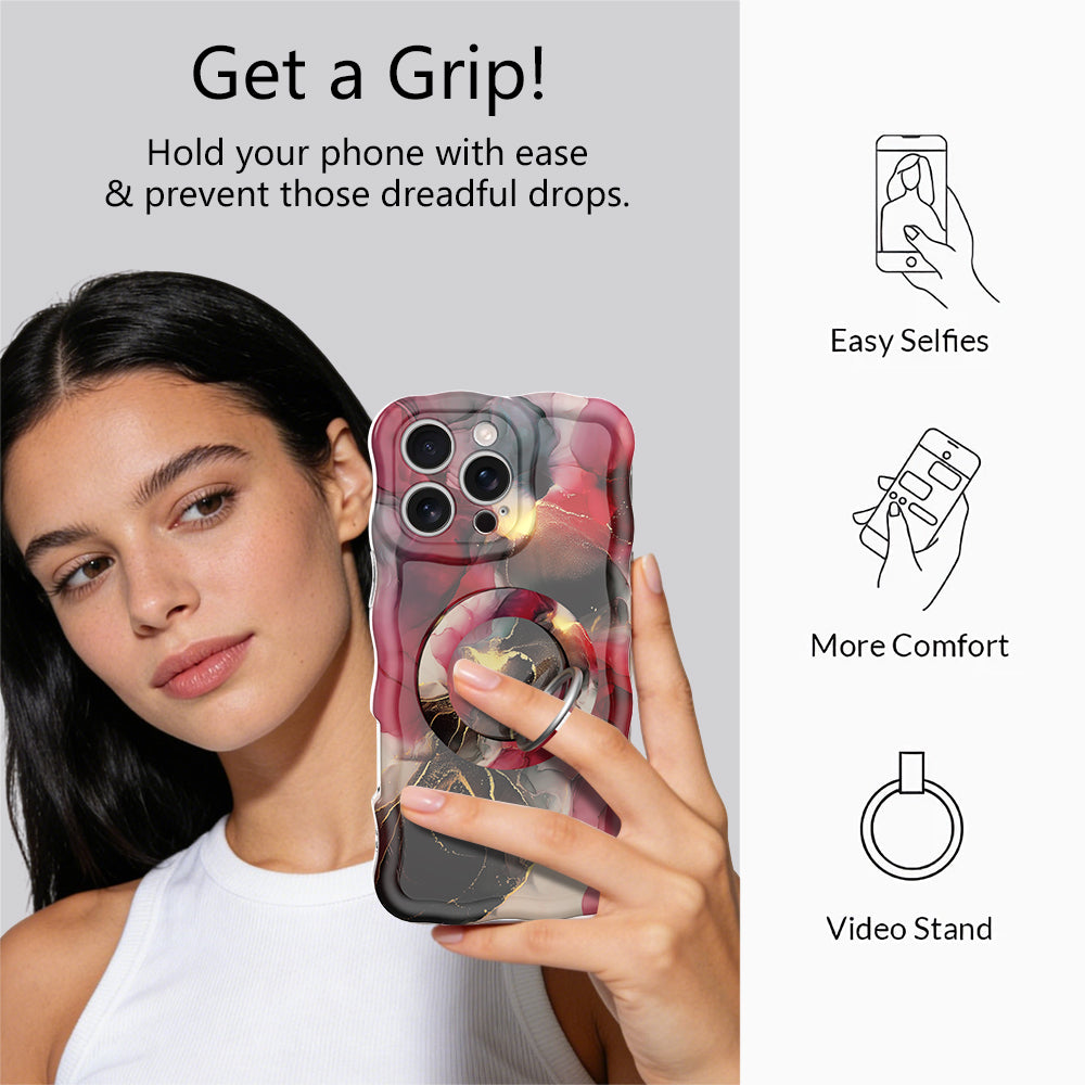 Get a Grip graphic for the Velvet Vixen MagSafe grip ring, a model holding her red and gold marble phone one-handed, plus easy selfies, comfort and video stand uses.