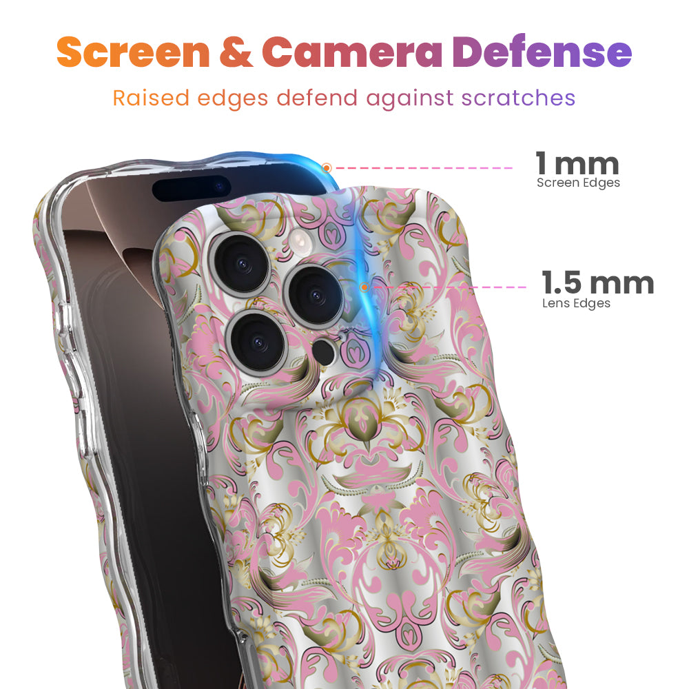 Screen and camera defense graphic for The Pink Heiress iPhone case, showing 1 mm raised screen edges and 1.5 mm raised lens edges on the baroque scroll print.