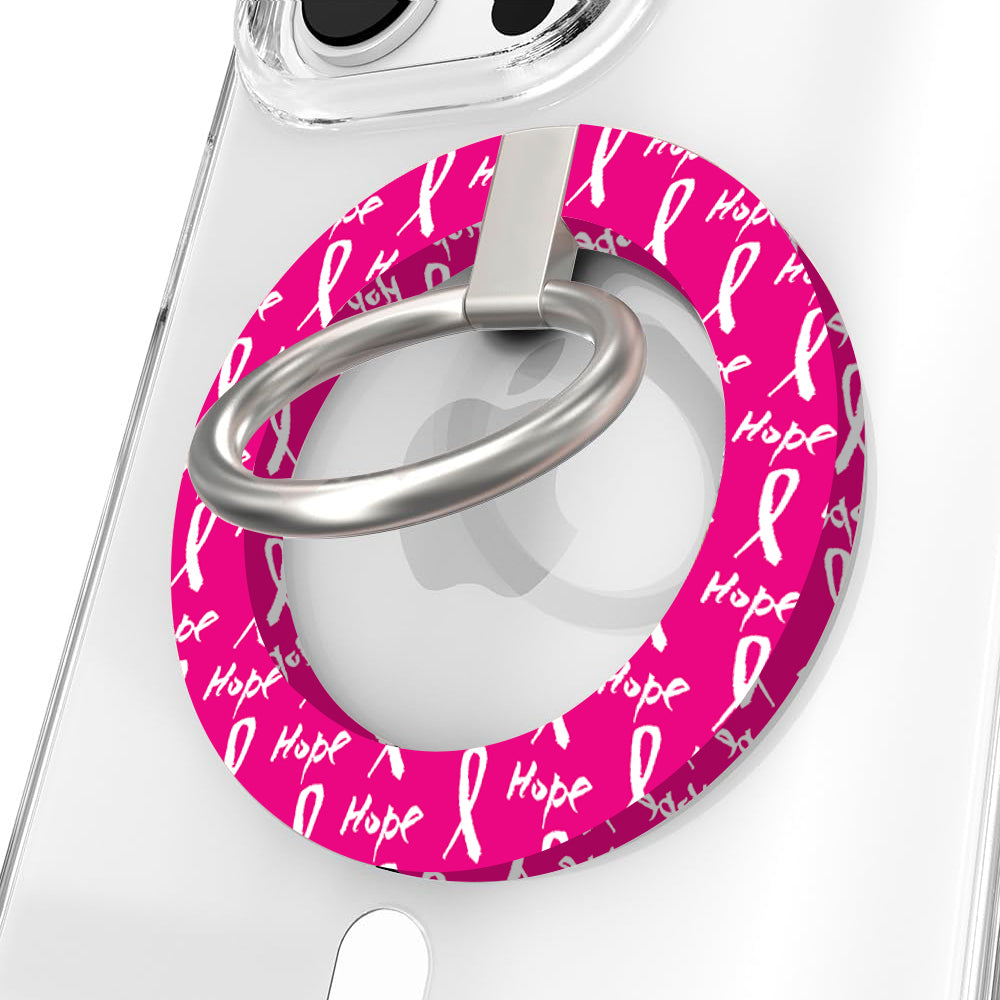 Hope Print MagSafe phone grip ring with pink background white awareness ribbons and hope text compatible with iPhone and Samsung