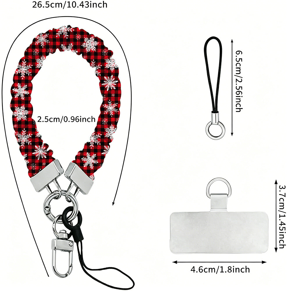 Buffalo Plaid Snowflake scrunchie wrist strap dimensions: 26.5 cm strap, 2.5 cm wide, 6.5 cm loop, 4.6 x 3.7 cm phone tab