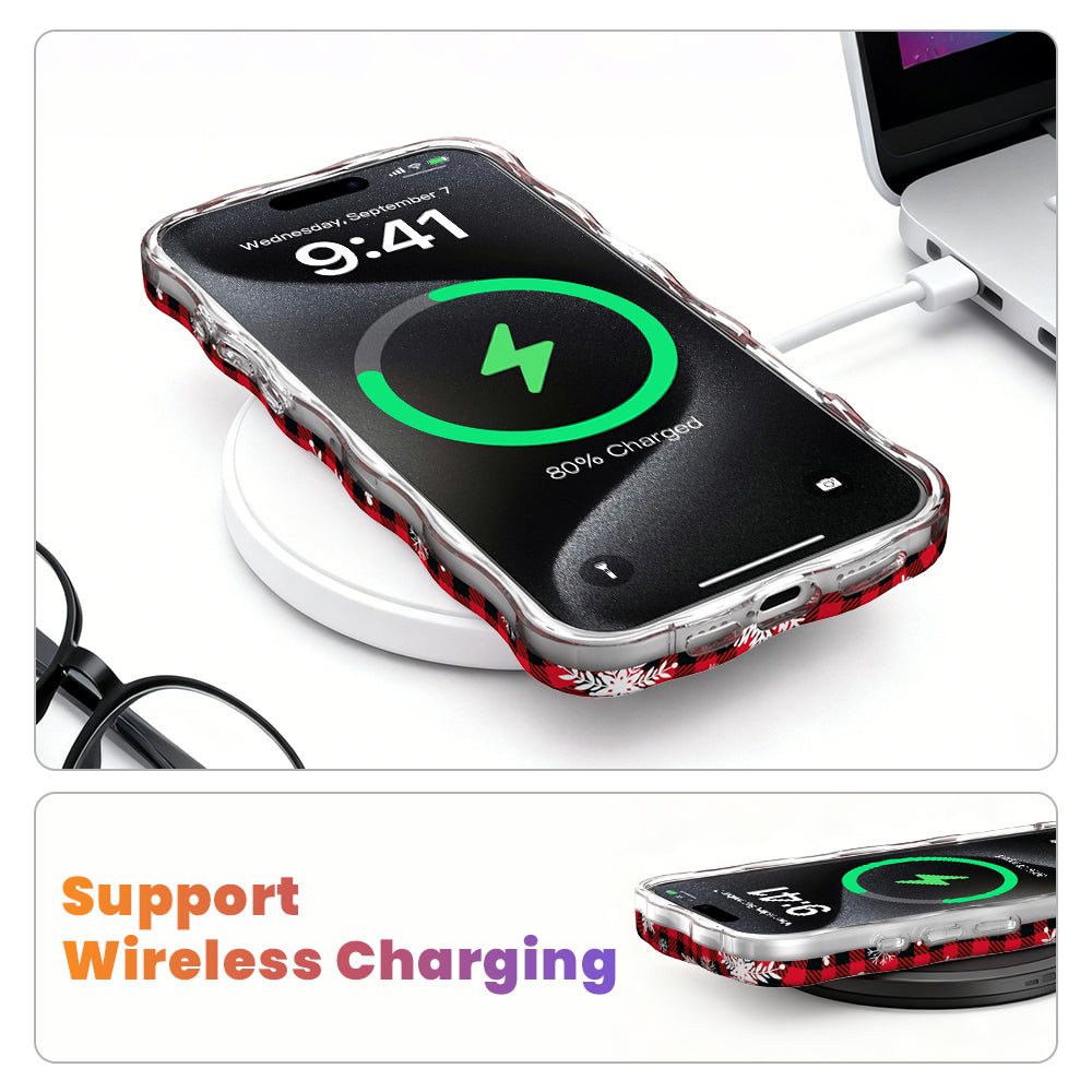 Buffalo Plaid Snowflake MagSafe iPhone case on a wireless charging pad, showing wireless charging works through the case