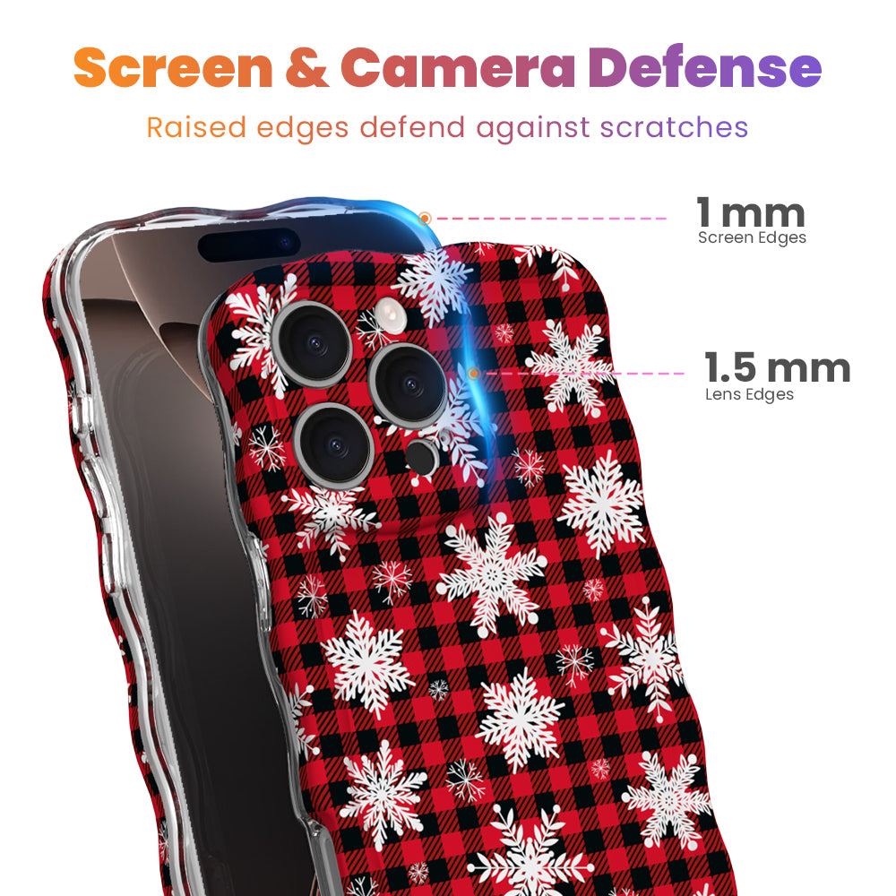 Buffalo Plaid Snowflake iPhone case with 1 mm raised screen edges and 1.5 mm raised camera lens edges, red and black buffalo check with white snowflakes