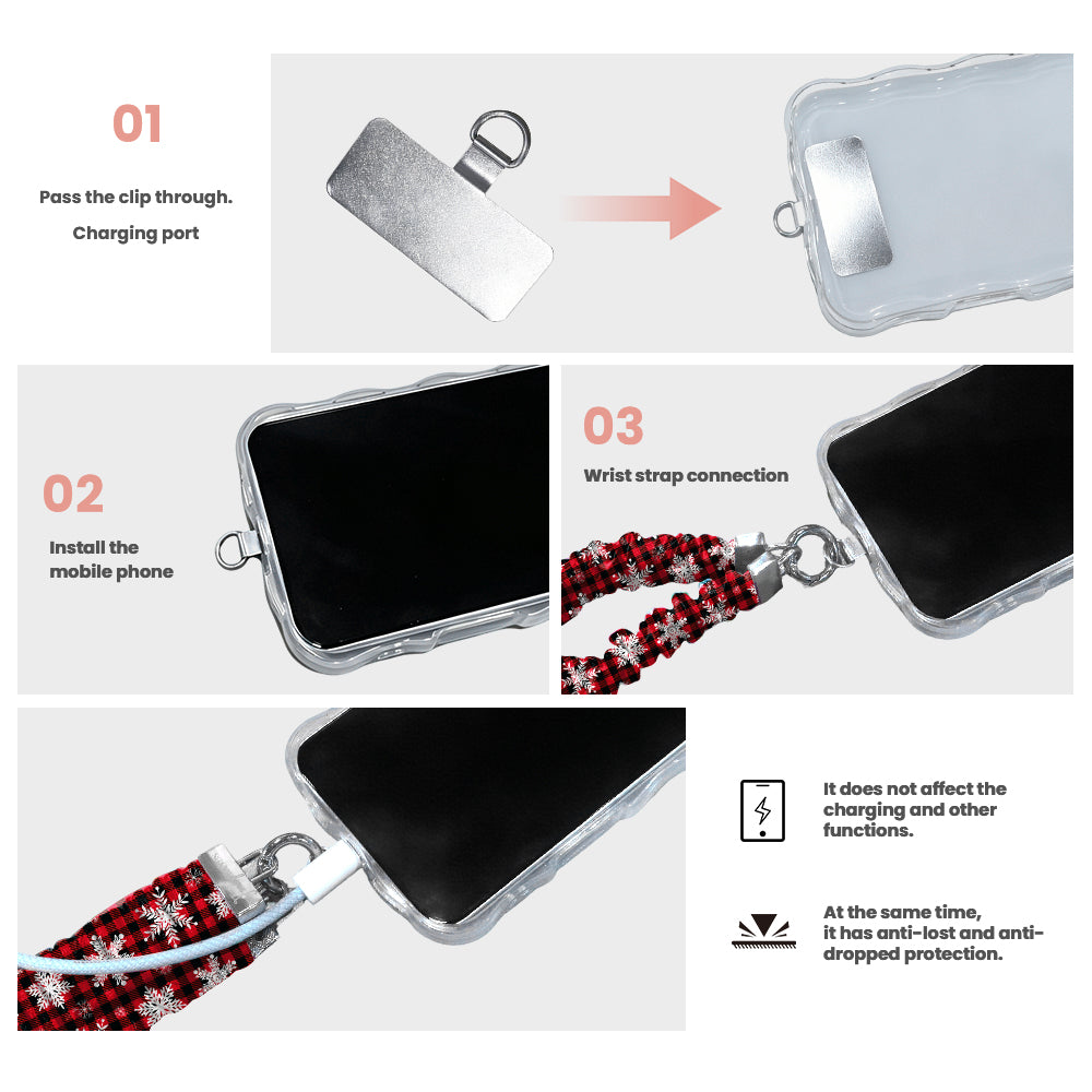 3 steps to attach the Buffalo Plaid Snowflake scrunchie phone strap: pass the tab through the charging port, fit the case, clip on the wrist strap