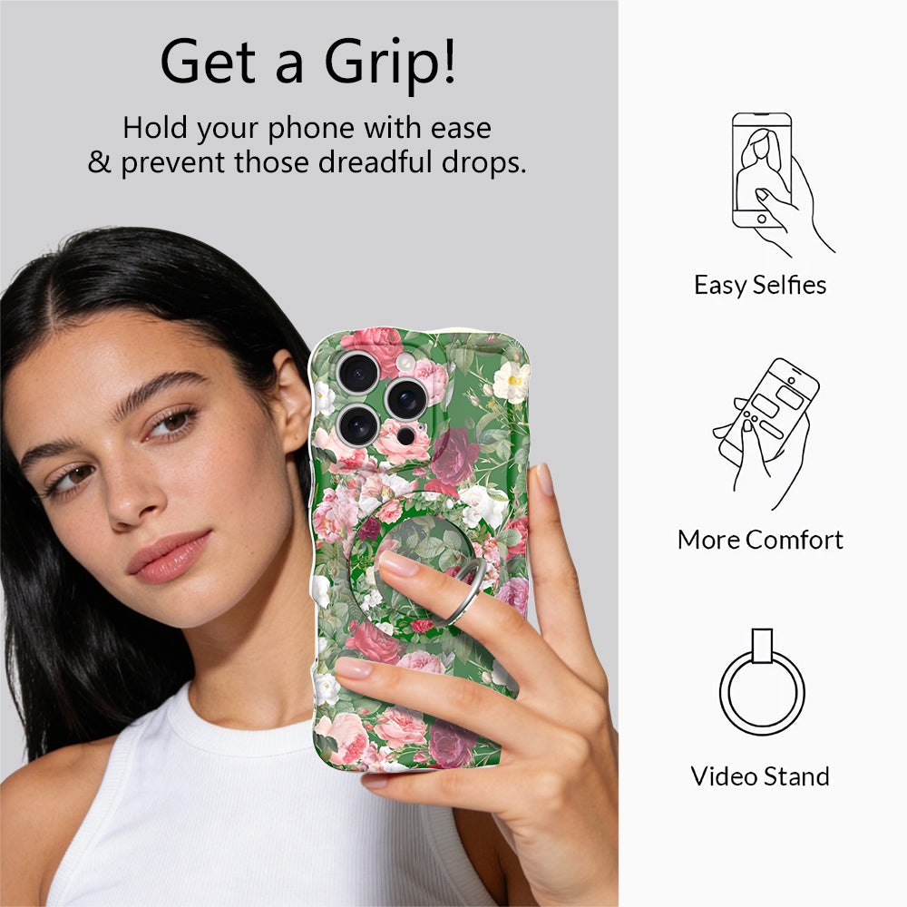 Garden Party pattern MagSafe phone grip ring with pink and white roses on a deep forest green background compatible with iPhone and Samsung